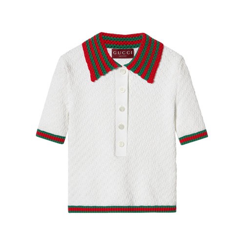 【服装】GUCCI/古驰24新款 女士白色棉质蕾丝条纹半扣领短袖Polo衫（衣服）782324XKD3C9074