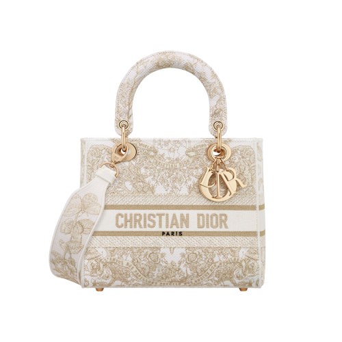 DIOR/迪奥 23新款 LADY D-LITE女士中号金白蝴蝶环游世界图案刺绣肩背手提包 M0565OESV_M01E(新品包包)