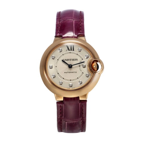 CARTIER/卡地亚 蓝气球系列镶钻款18K金玫瑰金表壳紫色鳄鱼皮表带女士自动机械腕表 33毫米