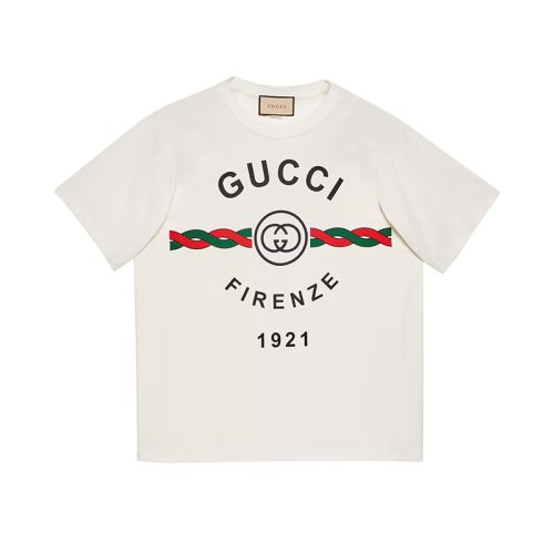 【服装】GUCCI/古驰 22年春夏新款 男士白色纯棉1921 Firenze印花短袖T恤‎616036XJD7T9095（衣服）