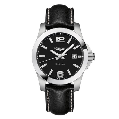预定款1个月 LONGINES/浪琴 康卡斯系列 石英表黑盘精钢表壳皮质表带男表41毫米L3.759.4.58.3（新品手表）